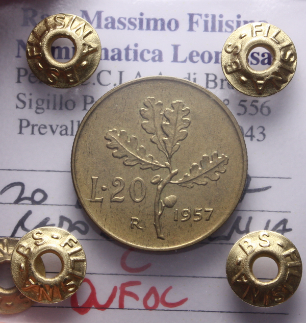 NL* Italia Repubblica 20 LIRE BRONZITAL 1957 QFDC Perizia Filisina Massimo