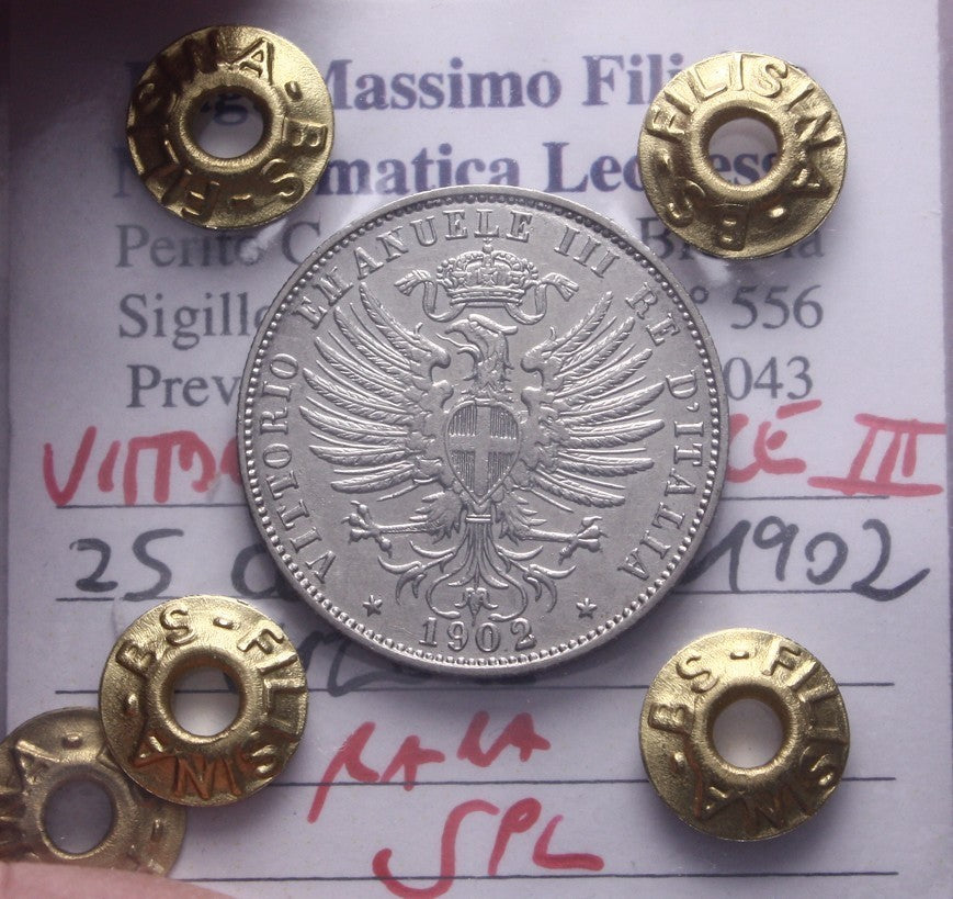 NL* VEIII ITALIA 25 CENTESIMI VALORE 1902 RARA SPL Perizia Filisina Massimo