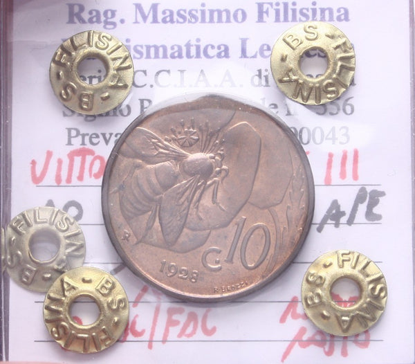 NL* VEIII Italia 10 CENTESIMI APE 1928 RARA QFDC/FDC RAME ROSSO Perizia Filisina
