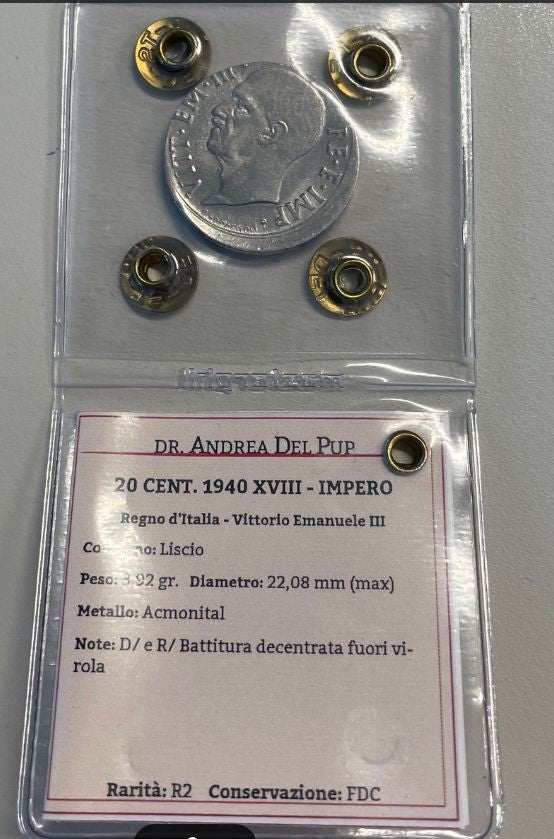 NL* VEIII 20 CENTESIMI IMPERO 1940 RIBATTUTO DECENTRATO FDC Perizia DEL PUP A.