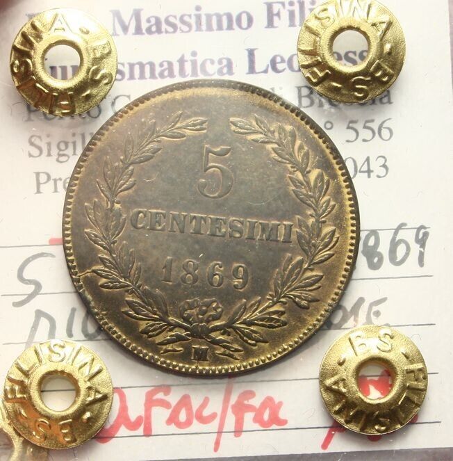 NL* SAN MARINO 5 copper cents 1869 MILAN QFDC/FDC Appraisal FILISINA Massimo