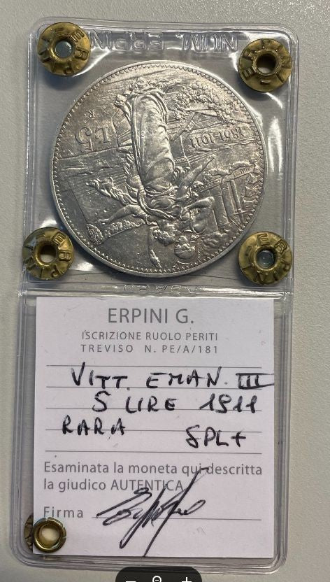 NL* VEIII 5 Lire ARGENTO 1911 CINQUANTENARIO RARA SPL+ Perizia Erpini GianFranco