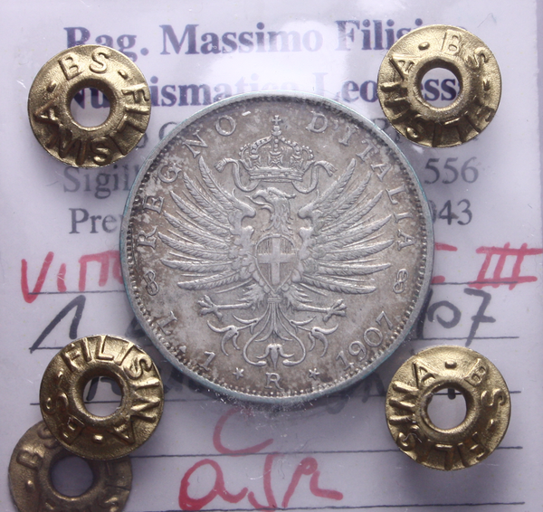 NL* VEIII RE D'ITALIA 1 Lira ARGENTO 1907 AQUILA SABAUDA QSPL Perizia Filisina *