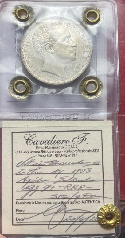 NL* VEIII 2 LIRE ARGENTO 1903 AQUILA Sabauda RRR R3 SPL/QFDC Perizia Cavaliere F