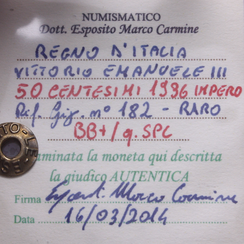NL* VEIII 50 CENTESIMI IMPERO 1936 XIV RARA BB+/QSPL Perizia Esposito Marco