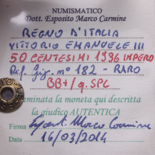 NL* VEIII 50 CENTESIMI IMPERO 1936 XIV RARA BB+/QSPL Perizia Esposito Marco