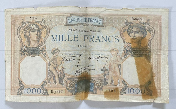 NL* BANQUE DE FRANCE FRANCIA Banconota 1000 FRANCS 11-04-1940 9363 come foto