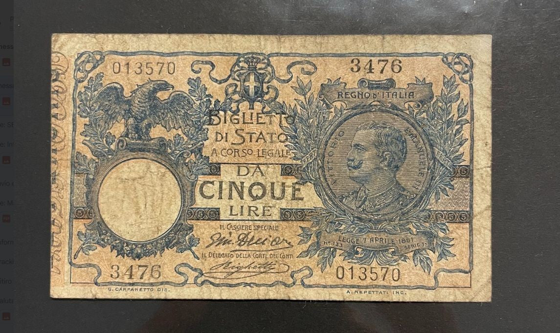 NL* VEIII BIGLIETTO DI STATO da 5 LIRE FLOREALE 5 NOVEMBRE 1916 3476