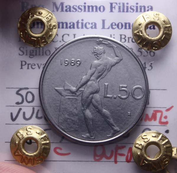NL* Italia 50 LIRE VULCANO 1989 ASSE RUOTATO 90° NC QFDC Perizia Filisina