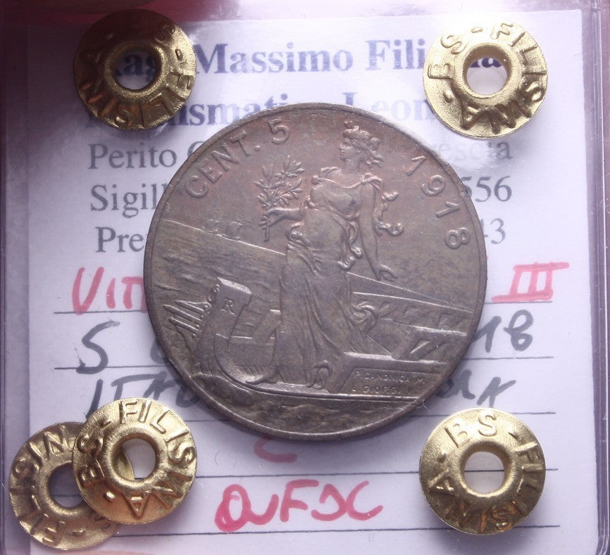 NL*VEIII Italia 5 CENTESIMI PRORA 1918 QFDC Perizia Filisina Massimo