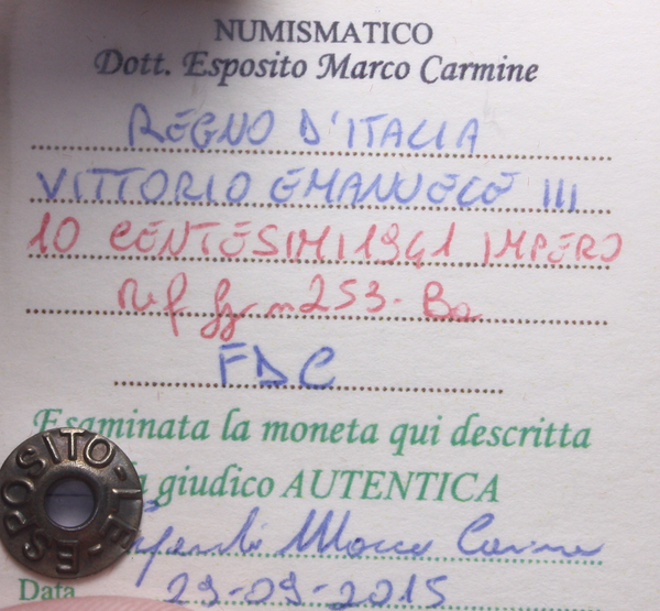 NL*VEIII 10 CENTESIMI BRONZITAL IMPERO 1941 XIX FDC Perizia Esposito Marco