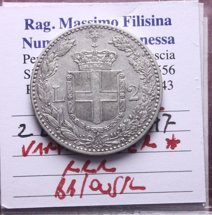NL* UMBERTO I 2 LIRE ARGENTO 1897 VARIANTE FER * RARISSIMA BB/QSPL Filisina M