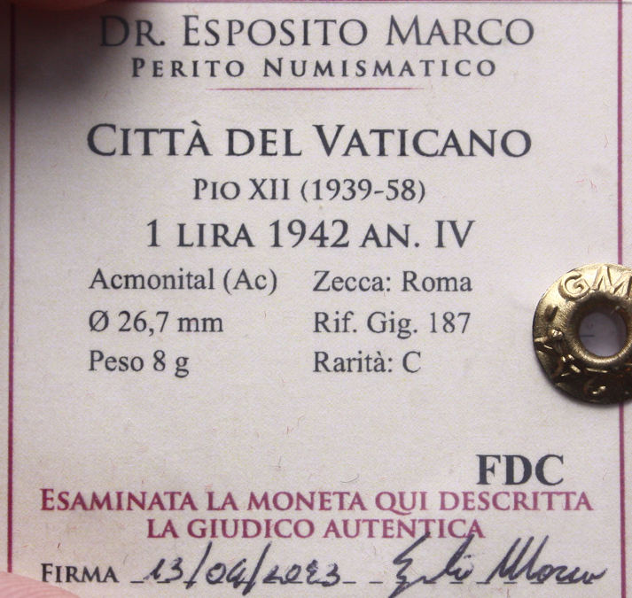 NL* CITTA' DEL VATICANO PAPA PIO XII 1 LIRA 1942 IV FDC Perizia Esposito Marco