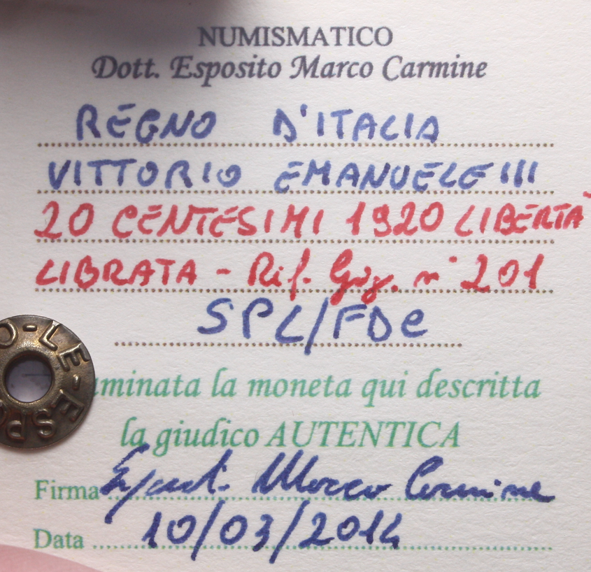 NL* VEIII Italia 20 CENTESIMI 1920 DONNA LIBRATA SPL/FDC Perizia Esposito Marco