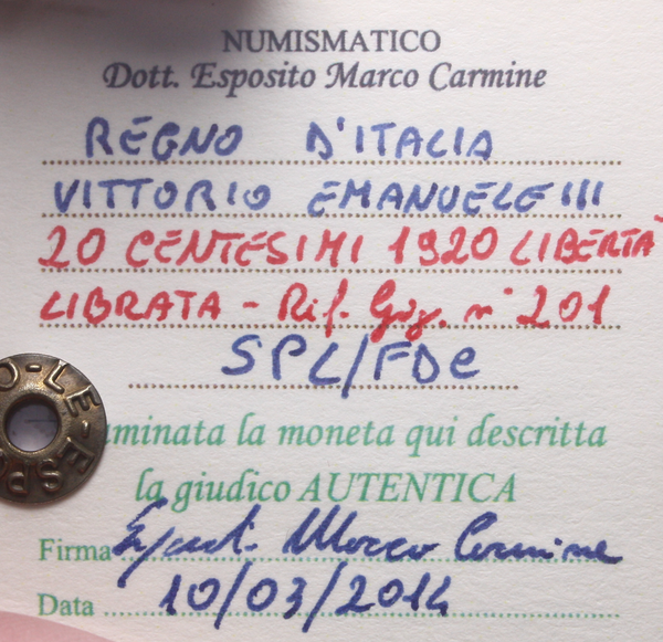 NL* VEIII Italia 20 CENTESIMI 1920 DONNA LIBRATA SPL/FDC Perizia Esposito Marco