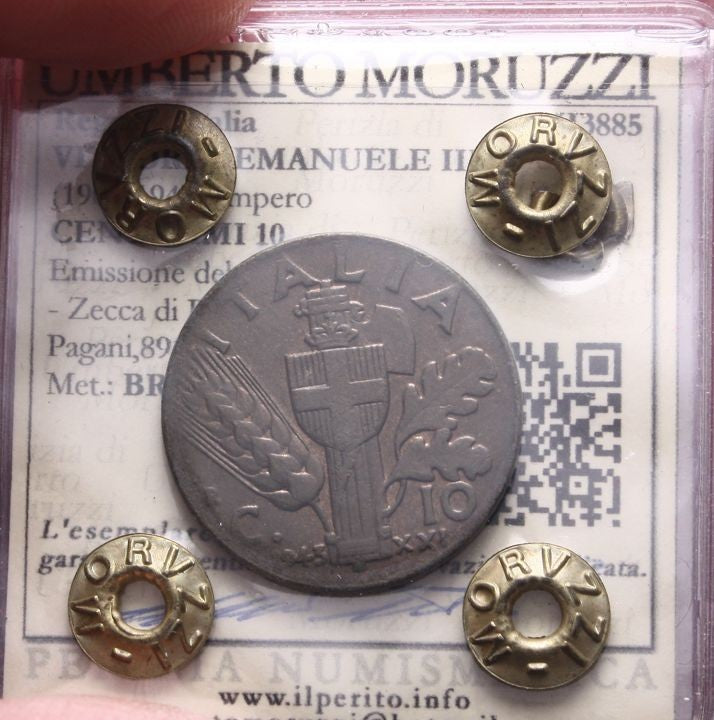 NL* VEIII ITALIA 10 CENTESIMI IMPERO 1943 XXI M.SPL Perizia MORUZZI UMBERTO
