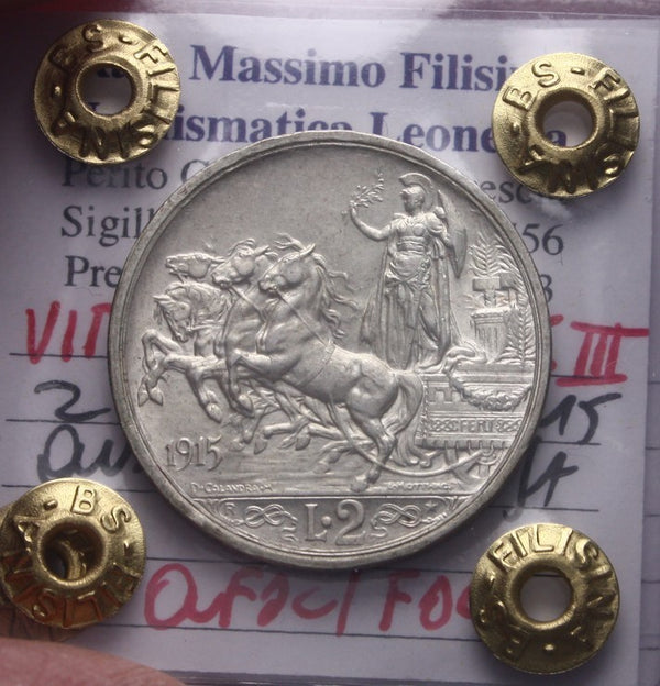 NL* VEIII Italia 2 LIRE ARGENTO 1915 QUADRIGA BRIOSA QFDC/FDC Perizia Filisina *