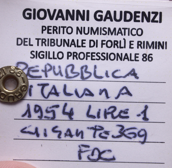 NL* Italia Repubblica 1 LIRA CORNUCOPIA 1954 FDC Perizia Gaudenzi Giovanni