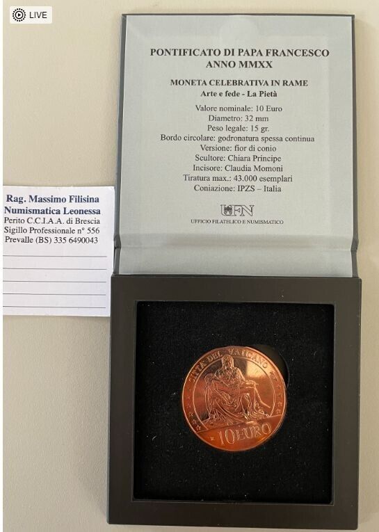 NL* VATICAN POPE FRANCIS 10 EURO COPPER 2020 ART AND FAITH La Pietà FDC SET