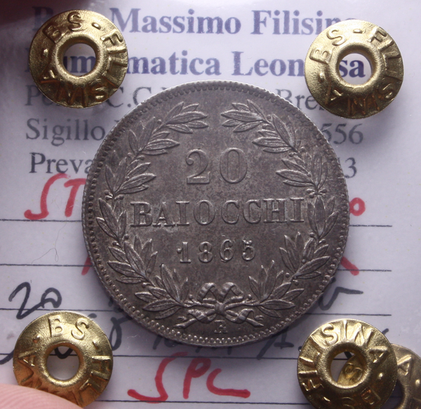 NL* STATO PONTIFICIO PAPA PIO IX 20 BAIOCCHI Argento 1865 SPL Perizia Filisina *