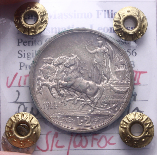 NL* VEIII Italia 2 LIRE ARGENTO 1914 QUADRIGA BRIOSA SPL/QFDC Perizia Filisina