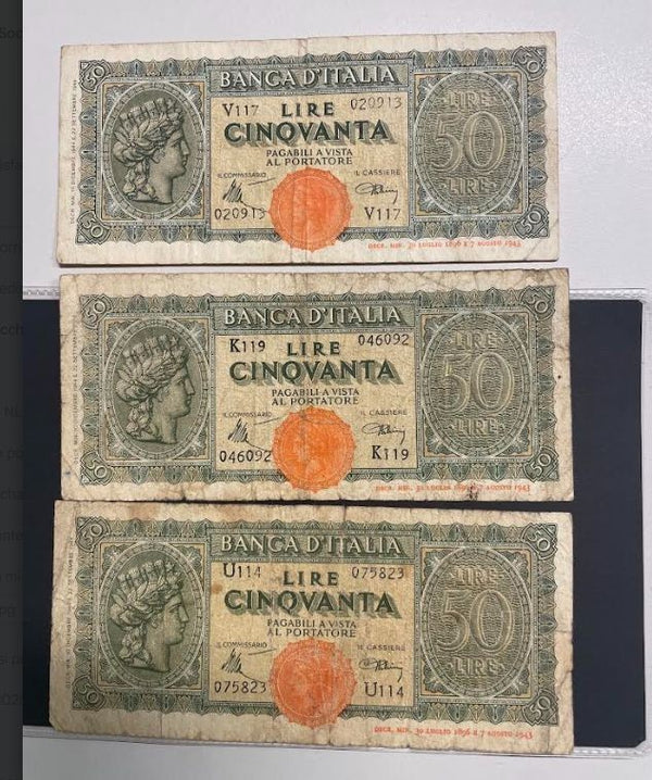 NL* BANCA ITALIA Lotto 3 BANCONOTE DA 50 LIRE ITALIA TURRITA Dicembre 1944