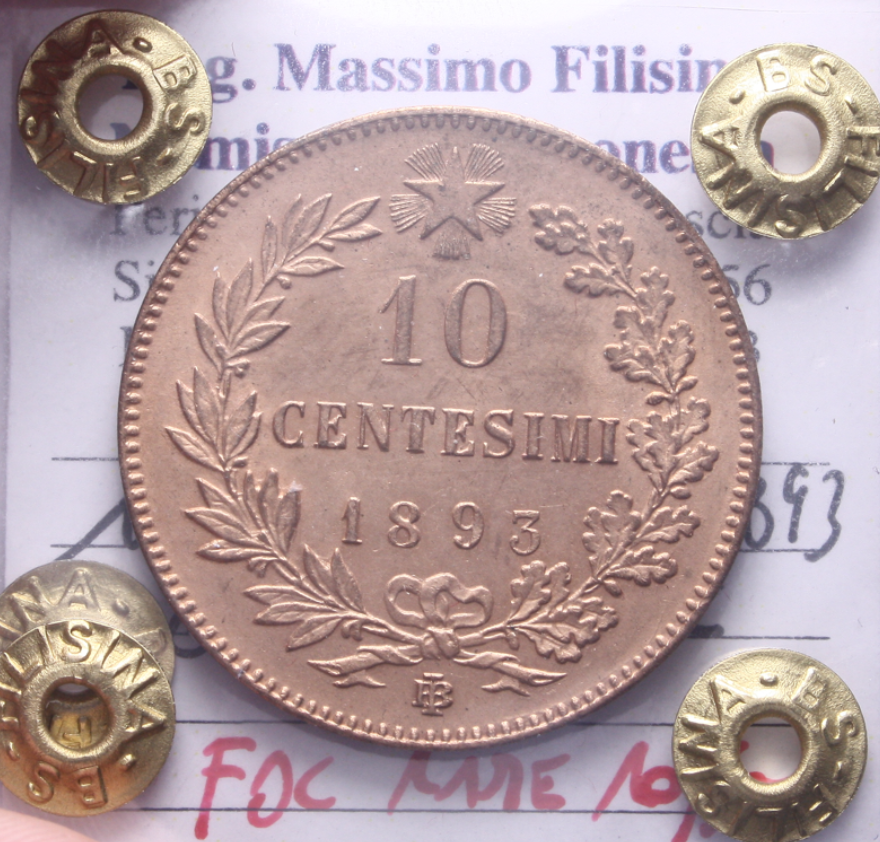 NL* UMBERTO I 10 CENTESIMI Rame 1893 BIRMINGHAM FDC RAME ROSSO Perizia Filisina