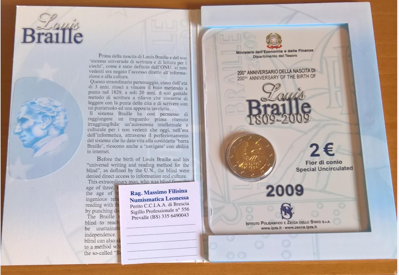 NL* ITALIA Repubblica 2 EURO commemorativi 2009 LUIS BRAILLE FDC set zecca