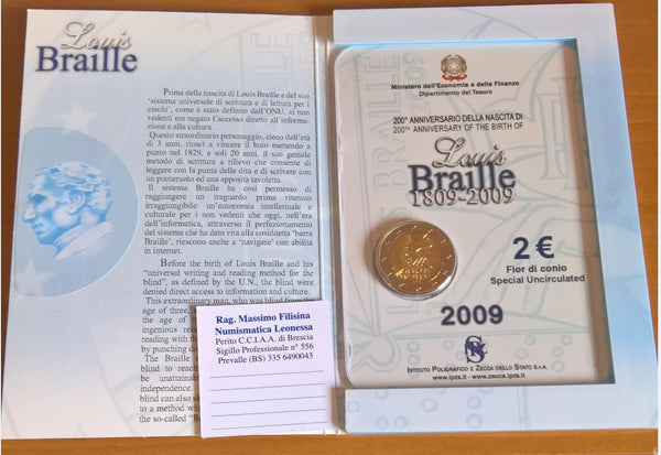 NL* ITALIA Repubblica 2 EURO commemorativi 2009 LUIS BRAILLE FDC set zecca
