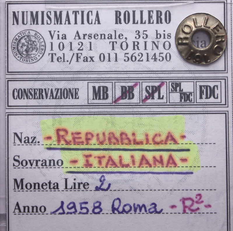 NL* Italia 2 LIRE ULIVO 1958 MOLTO RARA R2 BB/SPL Perizia Rollero Piero