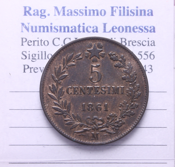 NL* VEII RE D'ITALIA 5 CENTESIMI RAME 1861 MILANO eccellente conservazione