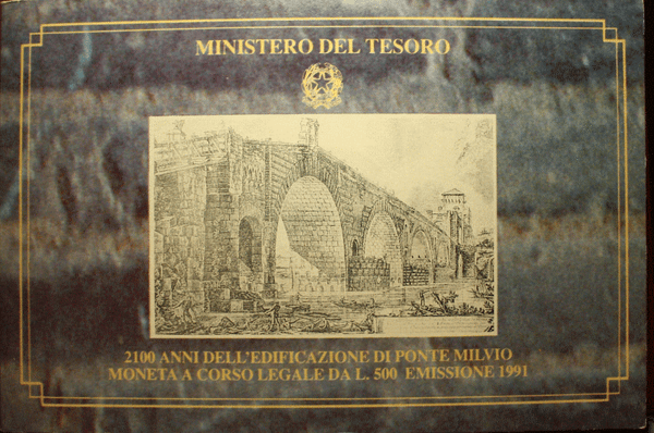 NL* ITALIA 500 Lire Argento 1991 PONTE MILVIO A ROMA FDC SET Originale zecca