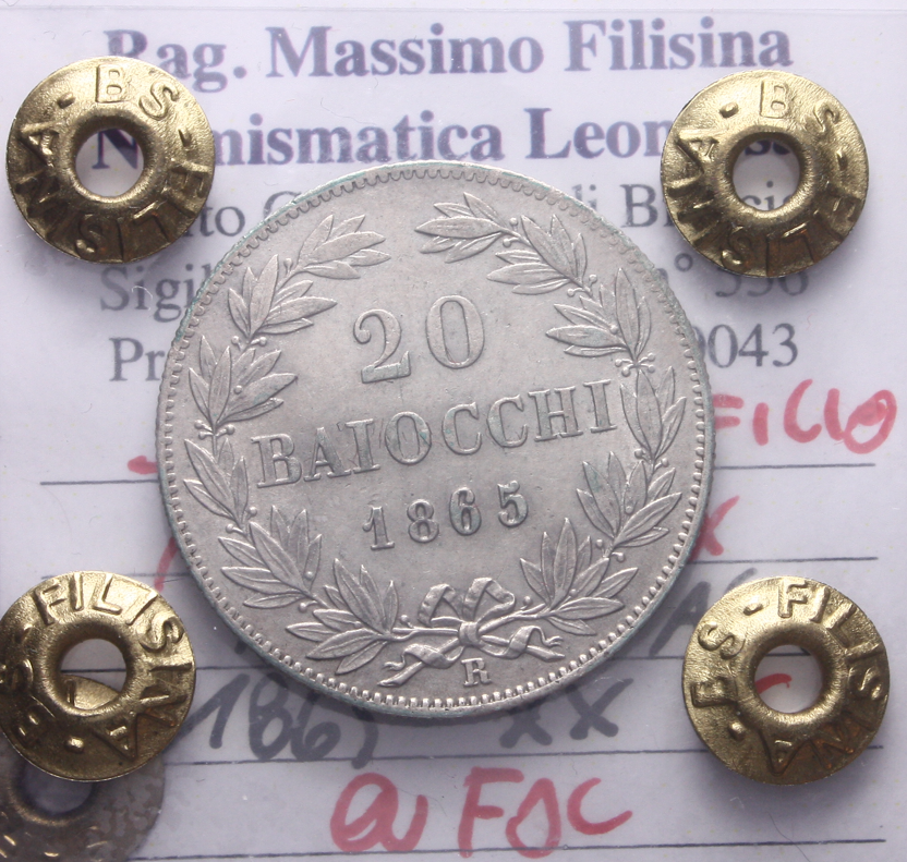 NL* STATO PONTIFICIO PAPA PIO IX 20 BAIOCCHI Argento 1865 QFDC Perizia Filisina