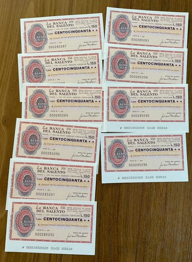 NL* ITALIA LOTTO 10 MINIASSEGNI BANCA SALENTO FIOR DI STAMPA consecutivi