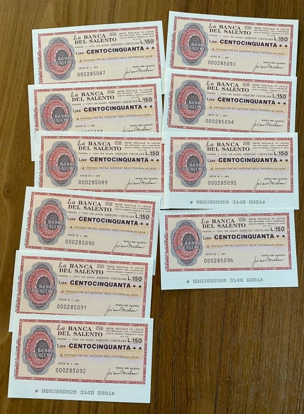NL* ITALIA LOTTO 10 MINIASSEGNI BANCA SALENTO FIOR DI STAMPA consecutivi