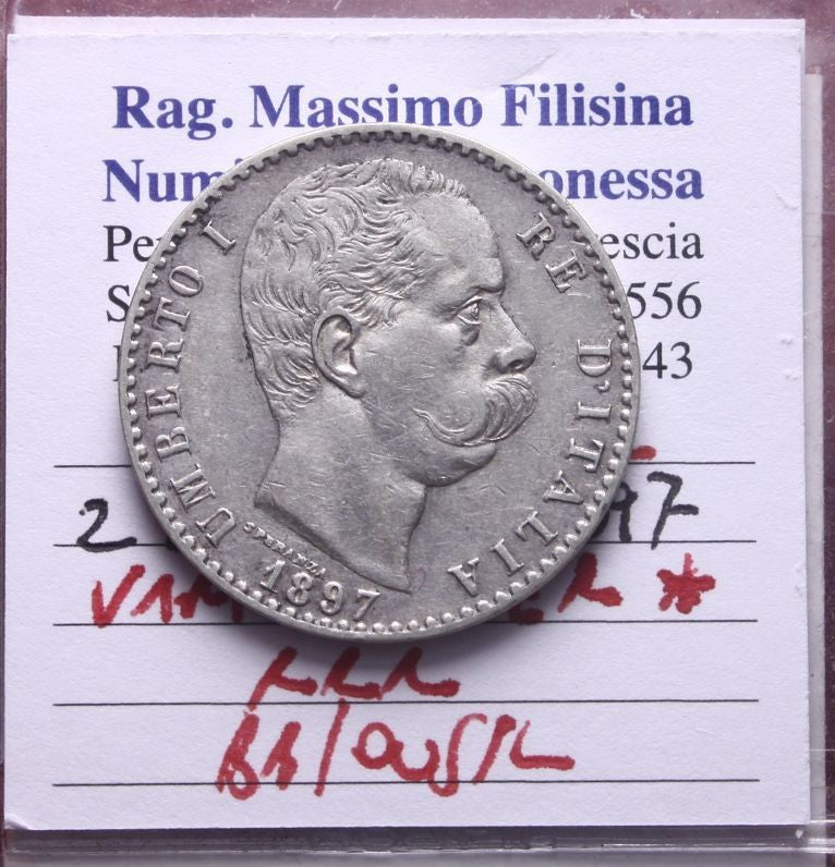 NL* UMBERTO I 2 LIRE ARGENTO 1897 VARIANTE FER * RARISSIMA BB/QSPL Filisina M