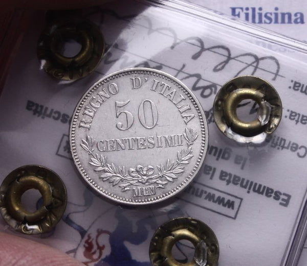 NL* VEII ITALIA 50 CENTESIMI ARGENTO 1863 MILANO VALORE SPL + Perizia Filisina M