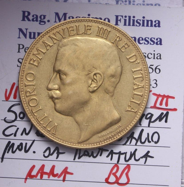 NL* VEIII ITALIA 50 Lire ORO 1911 CINQUANTENARIO RARA BB Perizia Filisina M
