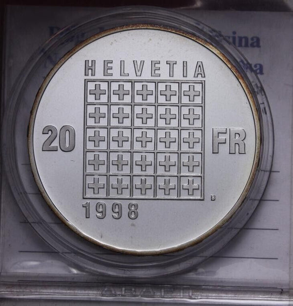 EN* SWITZERLAND CONFEDERATION 20 Francs Silver 1998 COMM 1798-1998 PROOF Oblò