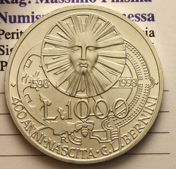 NL* ITALY 1000 Lire Silver 1998 GIAN LORENZO BERNINI UNC Uncirculated