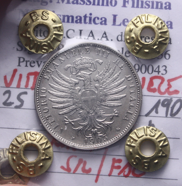 NL* VEIII ITALIA 25 CENTESIMI VALORE 1903 RARA SPL/FDC Perizia Filisina Massimo