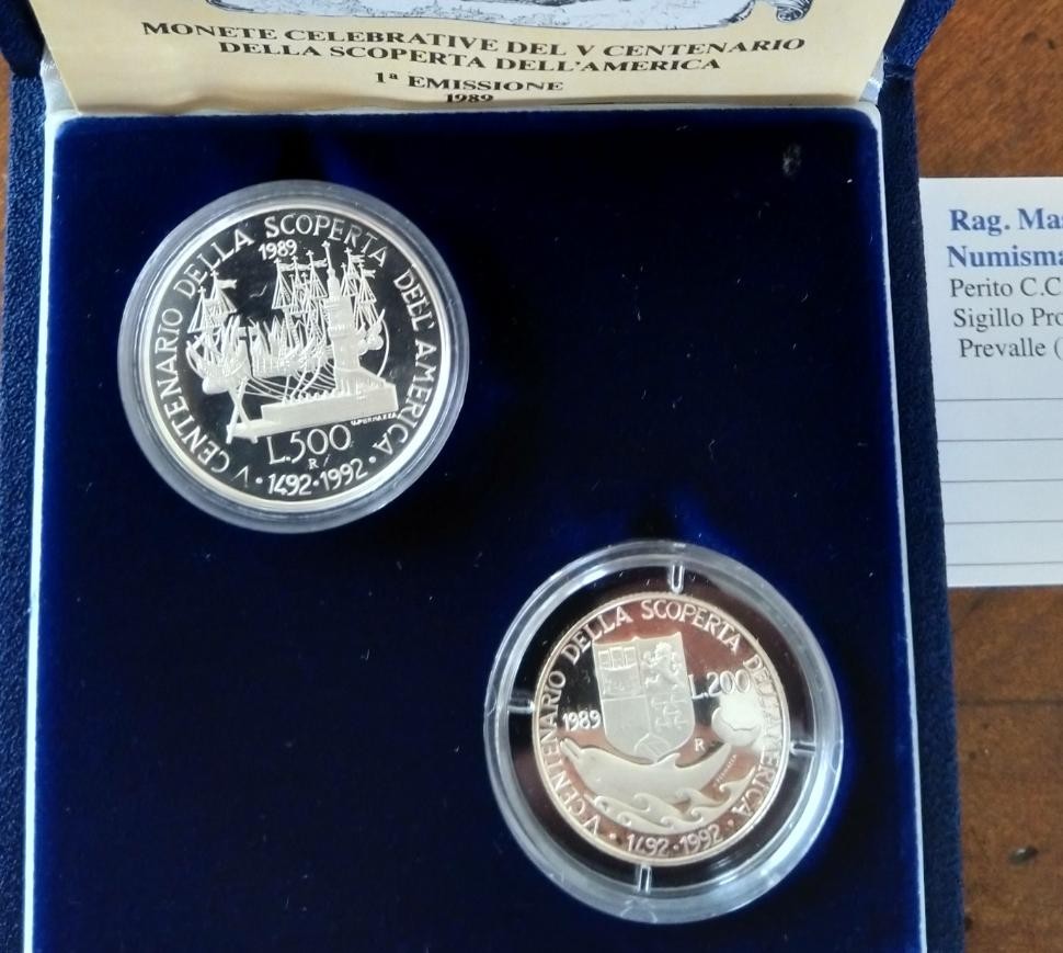 NL* ITALIA DITTICO 500 + 200 LIRE ARGENTO 1989 SCOPERTA America PROOF Set zecca