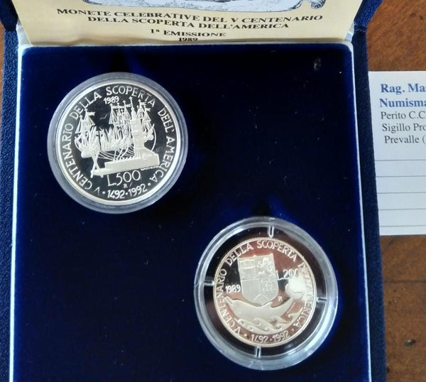 NL* ITALIA DITTICO 500 + 200 LIRE ARGENTO 1989 SCOPERTA America PROOF Set zecca