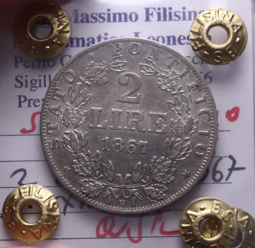 NL* STATO PONTIFICIO PIO IX 2 LIRE Ag. 1867 XXII QSPL Perizia Filisina Massimo