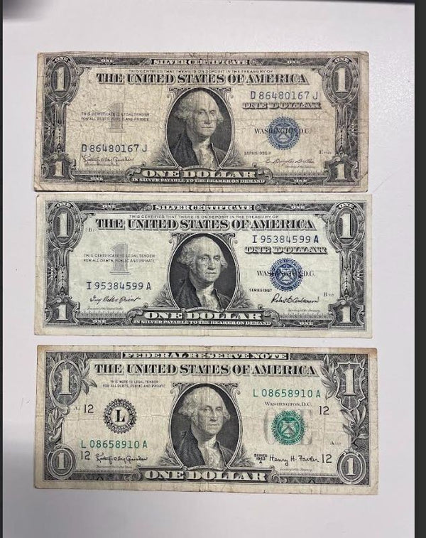 NL* U.S.A Lotto di 3 BANCONOTE DA 1 DOLLARO WASHINGTON 1935 H 1957 1963 A