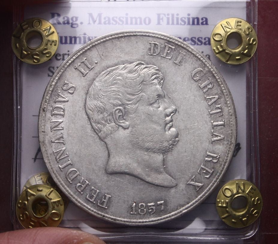 NL*NAPOLI FERDINANDO II Piastra 120 GRANA ARGENTO 1857 SPL+ Perizia Filisina M.