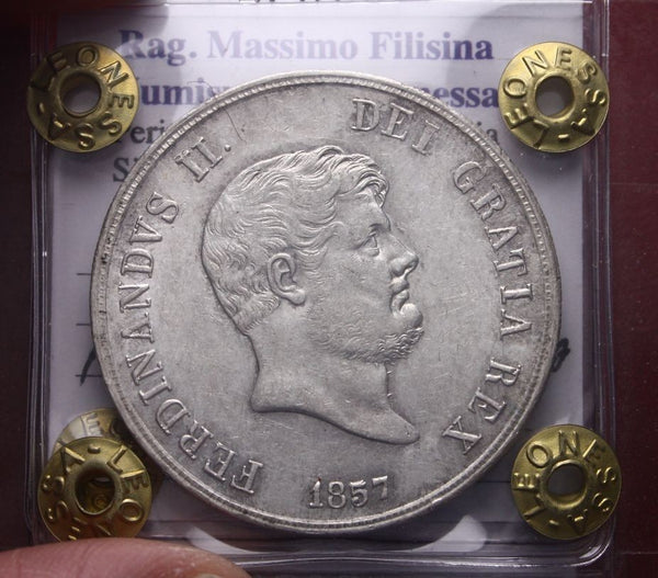 NL*NAPOLI FERDINANDO II Piastra 120 GRANA ARGENTO 1857 SPL+ Perizia Filisina M.