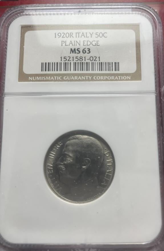 NL* VEIII Italia 50 CENTESIMI LEONI 1920 contorno LISCIO MS63 SLAB NCG USA