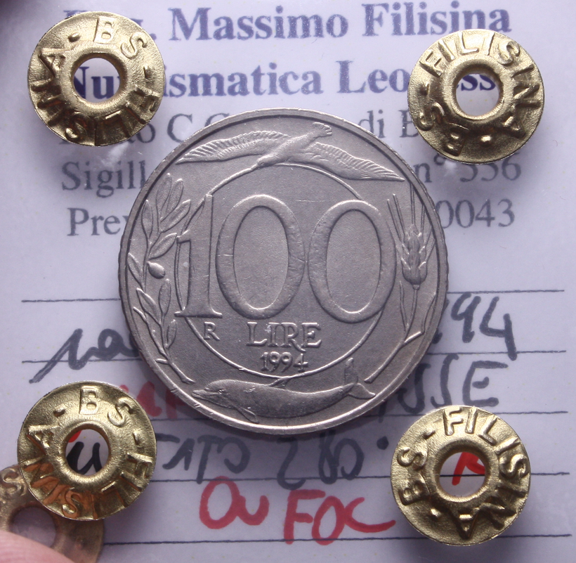 NL* Italia Repubblica 100 LIRE 1994 ASSE RUOTATO 280° RARA QFDC Perizia Filisina