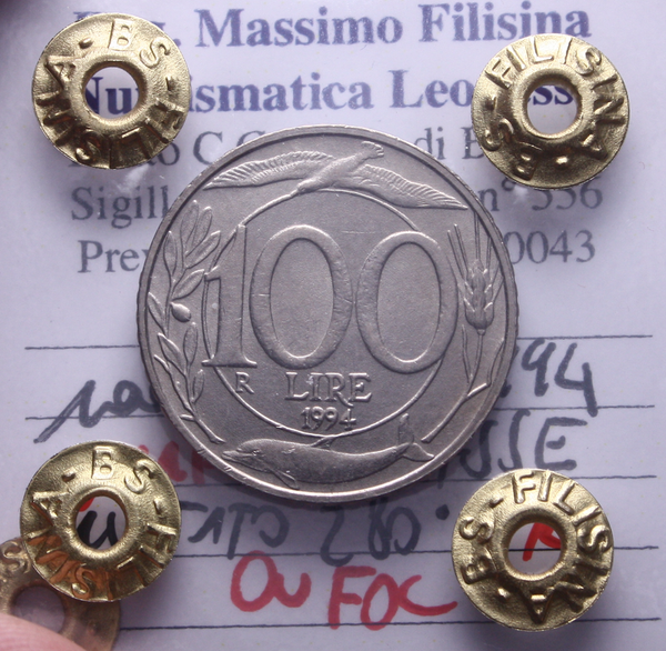 NL* Italia Repubblica 100 LIRE 1994 ASSE RUOTATO 280° RARA QFDC Perizia Filisina